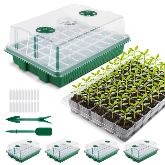 YAUNGEL Indoor Greenhouse Propagator, Thicken XL Propagation Set 38x24x12 cm Mini Greenhouse Propagation Set with Lid and Ventilation for Seeds &amp; Seedlings, 4 Pieces 160 Planting Holes, Green