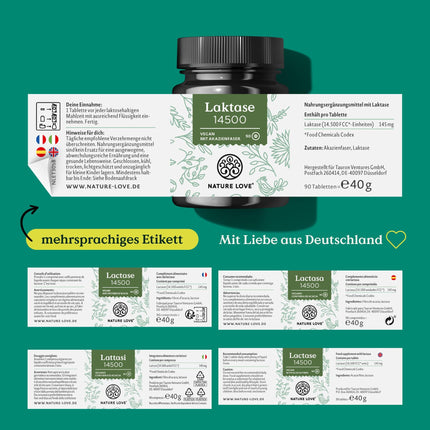 NATURE LOVE® Lactase Tablets – 90 Tablets – High Dose with 14500 FCC – with acacia fiber without synthetic additives, vegan – laboratory-tested lactase tablets, produced in Germany