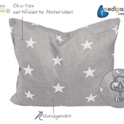 Medi Partners Cherry Stone Pillow Grain Pillow Large Heat Pillow 500g Rectangle 20x25cm Eco Natural 100% Cotton Heat + Cold Therapy Massage Therapy (White Stars with Grey)