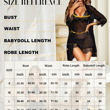 RSLOVE Sexy Lingerie for Women Lace Babydoll with Dressing Gown Night Dress Sleepwear Black L
