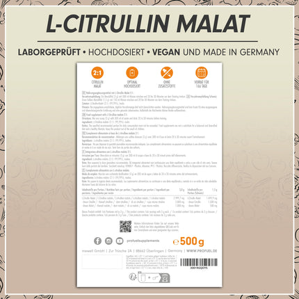 L-Citrulline Malate 2:1 Powder 500g, optimally dosed, perfect solubility, ideal as a pre-workout supplement, highest purity, laboratory-tested, no additives, 100% vegan