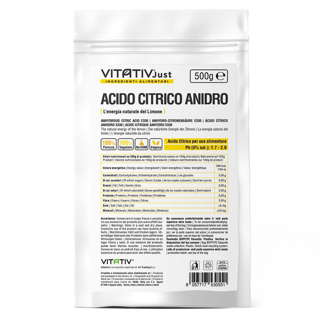 VITATIV - Citric acid, anhydrous, 100% pure – 500 g – Food grade – Preservative ideal for pastries and cooking – Acidifier in powder form for drinks and jams