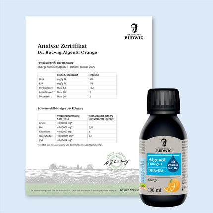 Dr. Johanna Budwig Omega 3 Algae Oil Vegan Orange (100ml) - high dosage, rich in DHA, EPA, vitamin D3 and K2 - liquid algae oil vegan, oil liquid algae oil laboratory-tested