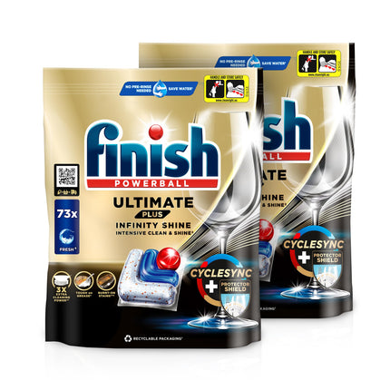 Finish Ultimate Plus Infinity Shine Dishwasher Tablets – Dishwasher tablets for intensive cleaning, grease-cutting power and shine with protective shield – 2 x 73 Caps