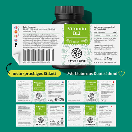 Vitamin B12-180 Tablets - 500 µg per tablet - Both active forms (adenosyl- &amp; methylcobalamin) &amp; depot form - No synthetic additives, high dosage, vegan, laboratory-tested