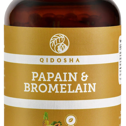 QIDOSHA® Papain Bromelain in enteric-coated capsules, 320 mg per capsule, 90 capsules in a pharmacist glass, highest enzyme activity of 6194 USP (Papain), Papain enzyme from papaya, Bromelain from pineapple