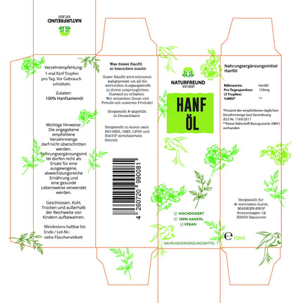 NATURFREUND® Premium Hemp Oil HIGH DOSE Hemp Seed Oil Omega 3-6-9 Oil Fatty Acids Natural Oil - Made in Germany - 10ml