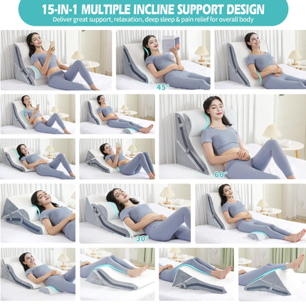 Wedge Pillow for Sleeping, Orthopedic Bed Wedge Pillow Set, 15-in-1 Adjustable Memory Foam Wedge Pillow After Surgery, 9 &amp; 16 &amp; 20 Inch Height 3-in-1 Incline Pillow Wedges for Acid Reflux