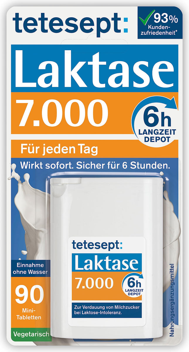 tetesept Lactase 7,000 – Lactase tablets for lactose intolerance – Dietary supplement with immediate effect &amp; 5h long-term depot – 1 can of 90 tablets