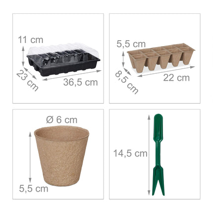 Relaxdays Growing Kit 131 Pieces, for Plants, Grow Box with Grow Pots, Transplanting Tool &amp; Plant Labels, Black