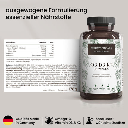 Omega 3 + Vitamin D3, K2 MK7 All-Trans microencapsulated - Premium Essentials O3-D3-K2 high-dose - Fish oil with essential EPA &amp; DHA fatty acids | Fish Oil Omega3 Fish Oil Drops | 240 Capsules