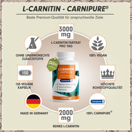 L-Carnitine high-dose 2000 mg - 150 Carnipure® L-Carnitine capsules with L-Carnitine tartrate - premium raw material Carnipure® from Lonza - no unwanted additives - laboratory-tested with certificate - vegan
