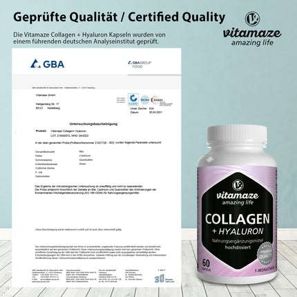 Collagen capsules high-dose + hyaluronic acid + chondroitin + lysine, 600 mg pure collagen hydrolysate per day, 60 capsules for 1 month, bioactive &amp; without additives, Made in Germany