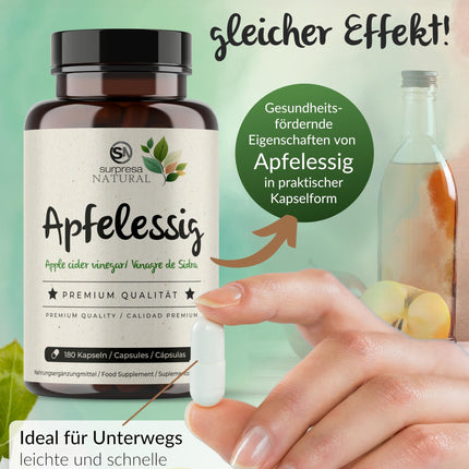 Surpresa Natural Apple Cider Vinegar Capsules High Dose I 1 x 180 Capsules I 1000mg Apple Cider Vinegar per Daily Dose I Apple Cider Vinegar Dietary Supplement Vegan &amp; Laboratory Tested I Apple Cider Vinegar