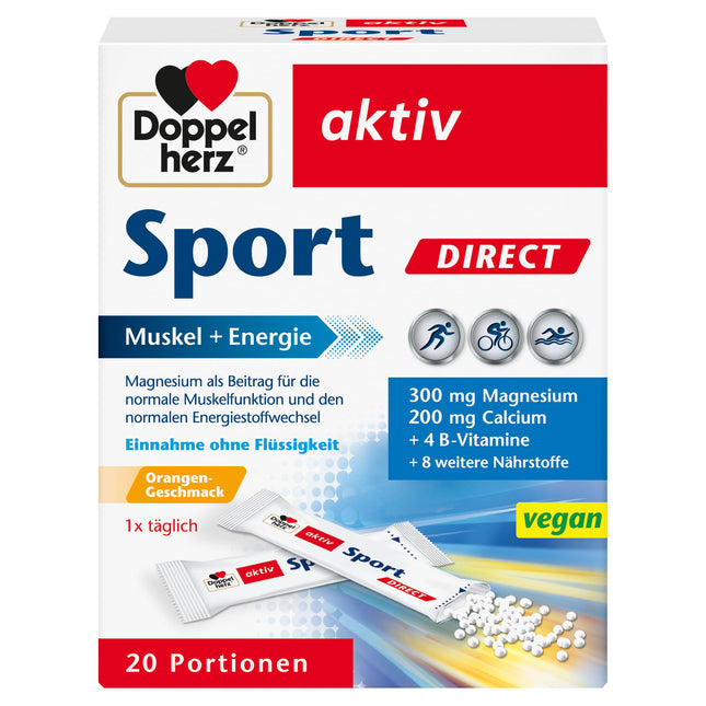 Doppelherz Sport DIRECT - Muscle + Energy - Magnesium, Calcium &amp; B Vitamins - for athletes and physically active people - 20 vegan servings with orange flavor