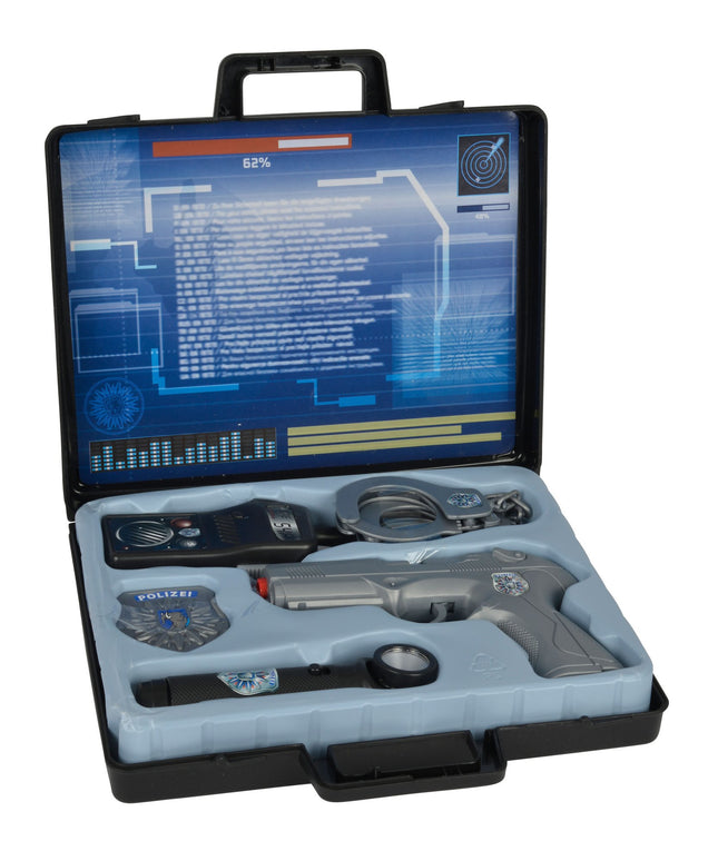 Simba 108108525 - Police Equipment in a Case, Carrying Case with Pistol, Handcuffs, Walkie-Talkie, Badge, Flashlight, 28x25x5cm, from 3 years, Grey