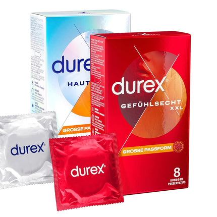 Durex XXL Condoms Mixed Pack - Realistic condoms with a great fit and close to the skin. Condoms with a large, anatomical, easy-on shape - moistened with silicone lubricant - 16 pieces (2 x 8 pieces)