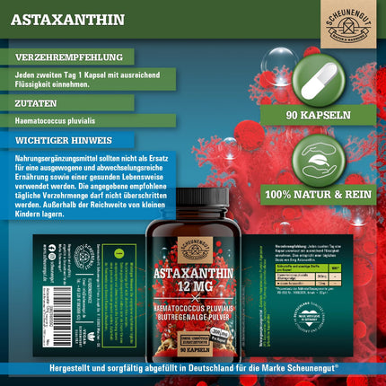 Astaxanthin 12mg -IMPORTANT: Oxidation-free due to esterified structure -Direct source from France (no Chinese goods)- Certified Astaxanthin high dosage -DE- SCHEUNENGUT®