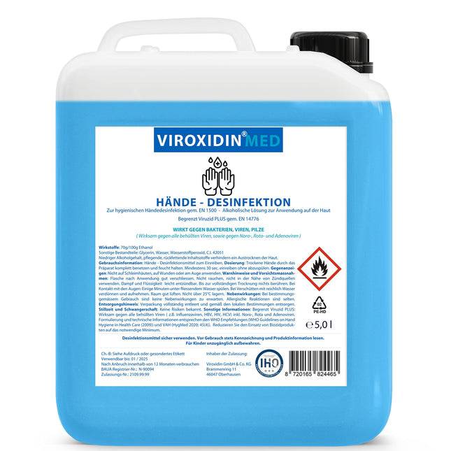 Viroxidin Med Hand Disinfectant 5l - COMPARISON WINNER - Hand disinfectant against bacteria, viruses &amp; fungi for hygienic hand disinfection - Limited Virucidal PLUS according to EN 14776