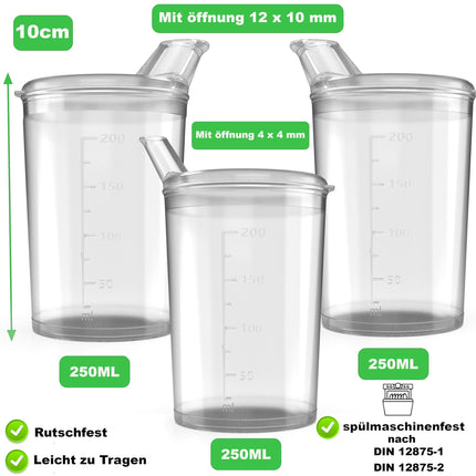 3x sippy cups with lids 250ml Transparent sippy cup seniors set of 3 cups with 3 lids (2 with opening 12 x 10 mm and 1 with opening 4 x 4 mm) drinking cup with lid - drinking cup baby