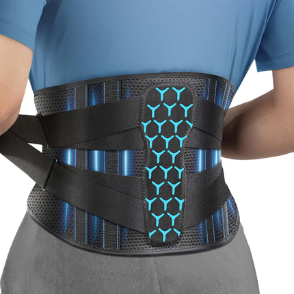 Rakiie Back Support Belt with Support Struts, Adjustable Tension Straps and Soft Breathable Mesh Fabric, Back Brace for Back Pain in Men and Women (Blue, M)