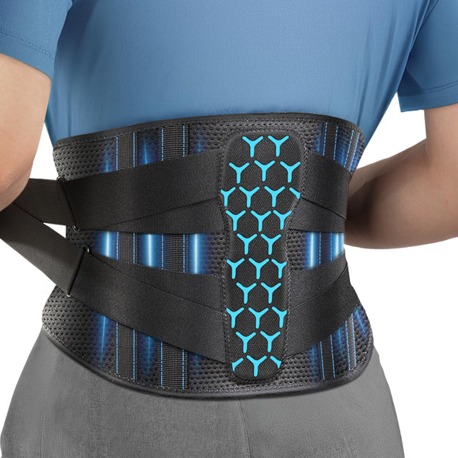 Rakiie Back Support Belt with Support Struts, Adjustable Tension Straps and Soft Breathable Mesh Fabric, Back Brace for Back Pain in Men and Women (Blue, M)
