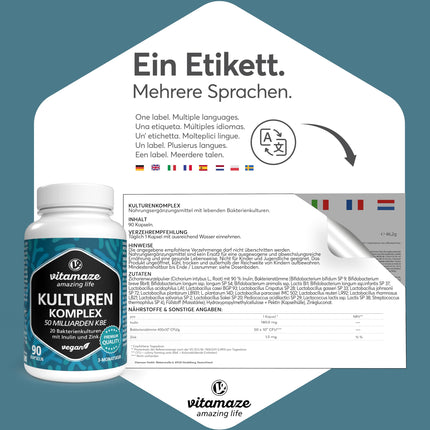 Culture complex high-dose with 400 billion CFU/g in 1 capsule, 20 bacterial cultures for intestinal flora development with inulin and zinc, 90 vegan &amp; gastro-resistant capsules with 50 billion CFU for 3 months