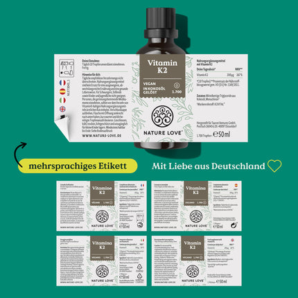 NATURE LOVE® Vitamin K2 MK7-200µg - 1700 Drops (50ml) - Highest all-trans content 99.7+% - High-quality: K2VITAL® by Kappa - dissolved in MCT coconut oil - High-dose, vegan &amp; produced in Germany
