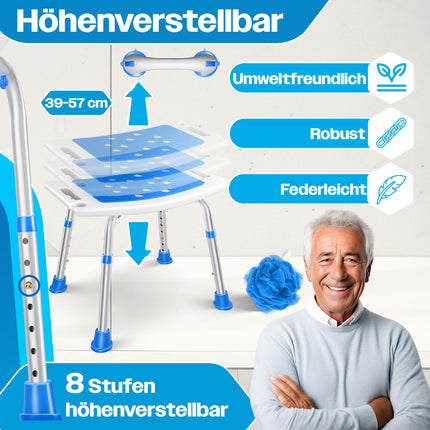 KESSER® Shower Stool, Height-Adjustable | Lightweight Bath Stool with Non-Slip Rubber Feet, Shower Chair, 136KG Load Capacity | Shower Aid for Seniors | Suction Cup Grab Handle, Bathtub Handle | Shower Seat with Shower Holder
