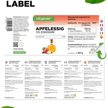 Apple Cider Vinegar - 365 Tablets - High Dose with 1000 mg per Daily Serving - With 10% Apple Acetic Acid - 6 Month Supply - No Unwanted Additives - Vegan