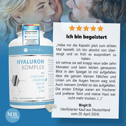 180 Hyaluronic Acid Capsules with high dosage of zinc - 600mg hyaluronic acid with curcumin and green tea extract - Vegan hyaluronic acid capsules with biotin, selenium without additives, produced in Germany and laboratory tested