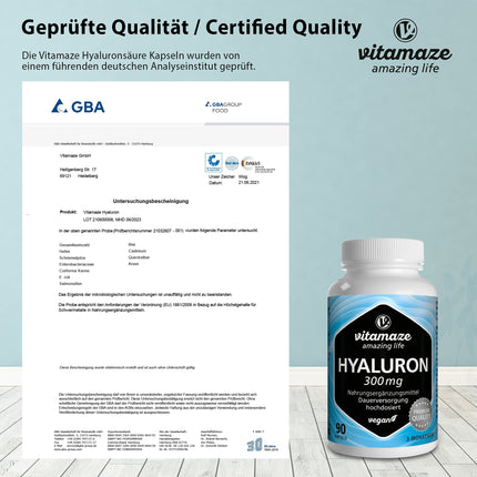 High-dose hyaluronic acid capsules, 300 mg per capsule, vegan, 3-month continuous supply, high bioavailability: low molecular weight 500-700 kDa, dietary supplement without additives, made in Germany