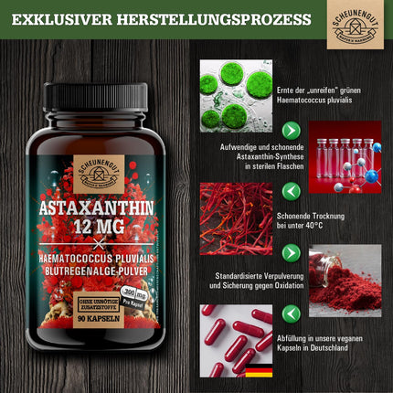 Astaxanthin 12mg -IMPORTANT: Oxidation-free due to esterified structure -Direct source from France (no Chinese goods)- Certified Astaxanthin high dosage -DE- SCHEUNENGUT®