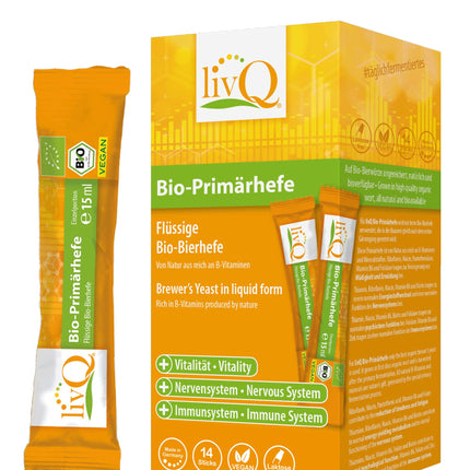 livQ Organic Primary Yeast Pure - Superfood Immune Booster Liquid, Organic Brewer's Yeast from Primary Fermentation with B Vitamins, Refreshing, Vegan &amp; Lactose-Free | 210ml