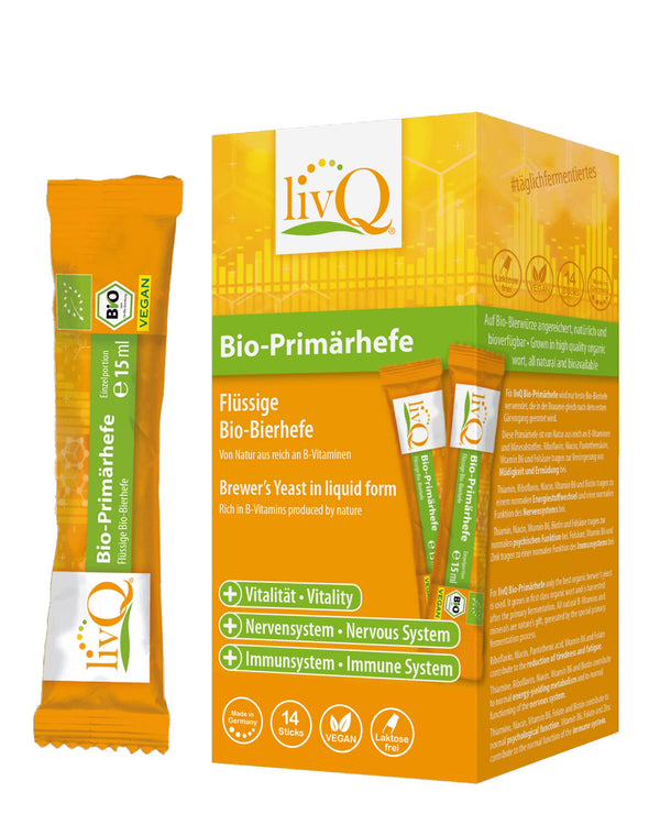 livQ Organic Primary Yeast Pure - Superfood Immune Booster Liquid, Organic Brewer's Yeast from Primary Fermentation with B Vitamins, Refreshing, Vegan &amp; Lactose-Free | 210ml