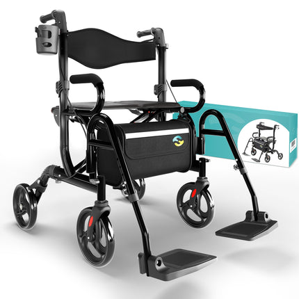 Helavo 2 in 1 Rollator &amp; Wheelchair in One - Foldable Rollator with Footrests - Convertible to a Transport Chair