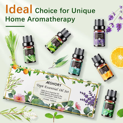 AESHORY Essential Oils Set for Diffuser 6 x 10ML, 100% Pure Aromatherapy Fragrance Oil, Aroma Oil Gift Set for Soap, Candles, Humidifier, SPA - Lavender, Mint, Tea Tree, Sweet Orange, Eucalyptus