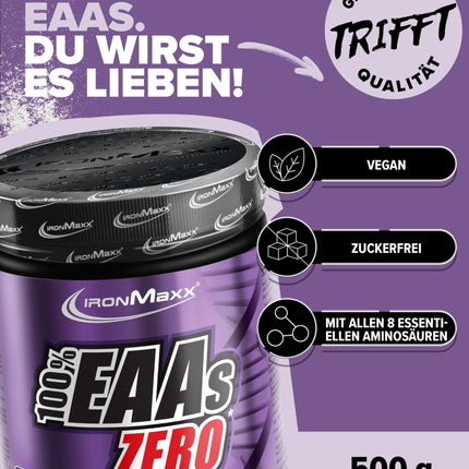 100% EAAs Zero Wildberry 500g - High-dose EAAs powder, vegan and sugar-free, 8 essential amino acids to supplement your sports nutrition