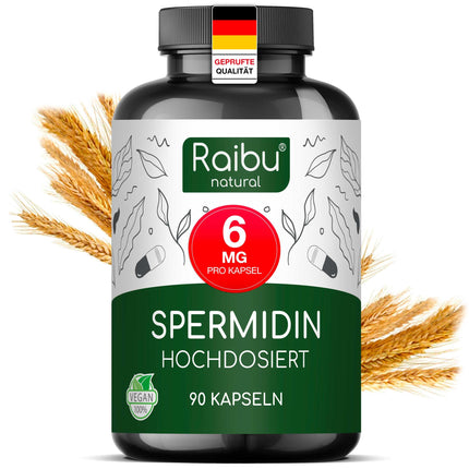 Raibu Spermidine Capsules High Dose - 6 mg Spermidine per Capsule (90 x 6 mg) - From Wheat Germ Extract, 3 Month Supply - Vegan, Natural &amp; No Additives