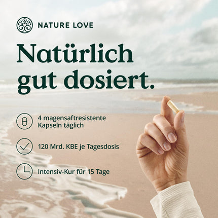 NATURE LOVE® Probiona PLUS - 120 billion CFU per daily dose (high-dose) - 20 bacterial strains + organic inulin - 60 gastro-resistant capsules - vegan, developed in Germany, branded raw material from Italy