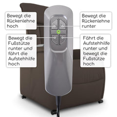 Raburg TV chair with stand-up aid, recliner chair with reclining function, electric with remote control, 2 motors, pocket spring core/comfort upholstery, up to 120 kg, leather/faux leather, Marie, dark brown