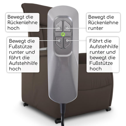 Raburg TV chair with stand-up aid, recliner chair with reclining function, electric with remote control, 2 motors, pocket spring core/comfort upholstery, up to 120 kg, leather/faux leather, Marie, dark brown