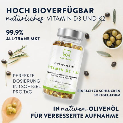 Vitamin D3 K2 high dose with virgin olive oil - Vitamin D high dose 2000 IU + Vitamin K2 MK7 100μg - Sunshine vitamins Vitamin D K2 GMO-, gluten- and lactose-free 180 Vitamin D3 K2 capsules high dose
