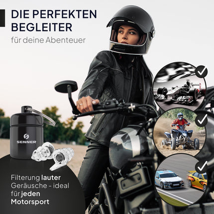 Senner ® MotoPro hearing protection - earplugs for motorcycles and motorsports, easy to wear and quiet, reduces wind noise, traffic remains audible, with aluminum container, reusable, noise protection earplugs