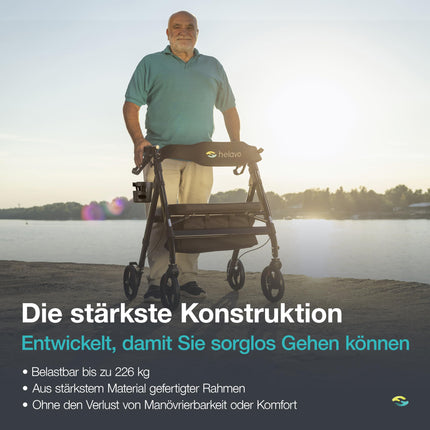 HELAVO extra-wide rollator with large, height-adjustable seat - Foldable heavy-duty rollator made of aluminum - Load capacity up to 226 kg