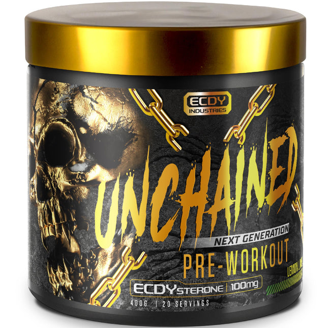 UNCHAINED Pre-Workout Booster with Caffeine and Ecdysterone - 400 g - Fitness Booster with L-Arginine, L-Citrulin Malate &amp; Beta-Alanine - Pre-Workout Booster with 100% Focus, Pump &amp; Energy - Lemon Lime