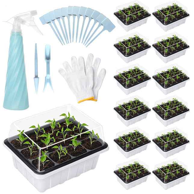 GAESHOW 12 Pack Indoor Greenhouse Propagator, 144 Grid Mini Greenhouse Propagation Set with Raised Lid, Reusable Propagation Plate, Greenhouse Propagation Trays for Seedling Plant