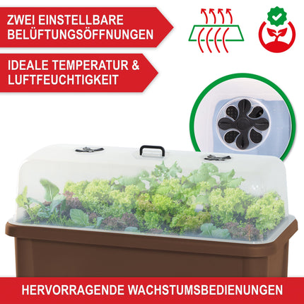 Onbest raised bed/cold frame – with cover/water indicator – made of robust plastic – ideal for garden/patio/balcony – raised herb bed for growing – planter including garden tools (Coffee)