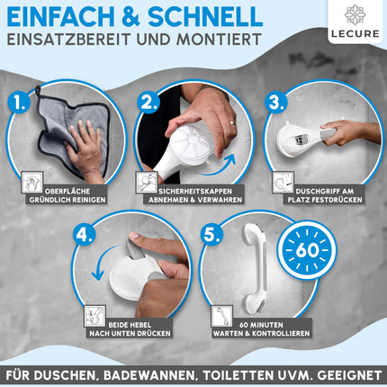 LECURE® Shower Grab Bar [2 Pieces] No Drilling Required - Extra Strong Shower &amp; Bath Grab Bar with Suction Cup - Ideal for Seniors and People with Physical Disabilities [110 kg Load Capacity]