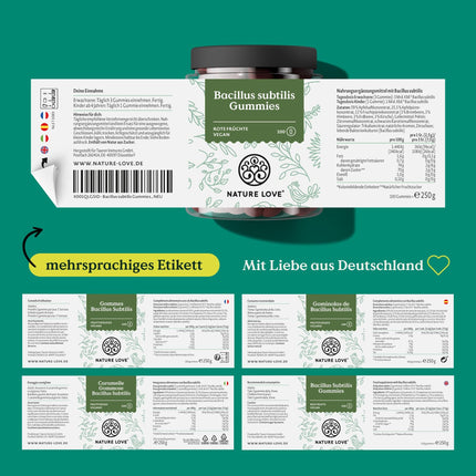 NATURE LOVE® Bacillus Subtilis Gummies - 100 pieces - Microbe of the Year 2023 - from natural fruit juice concentrates - 96.5% fruit content - 3 billion CFU per daily dose - vegan, laboratory-tested
